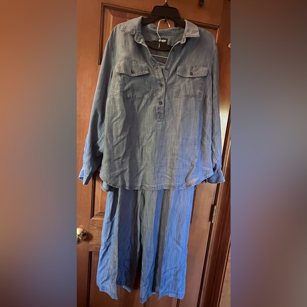 Lands' End Women's Two-Piece Blue Denim-Look Set Pant & Long Sleeve Blouse Top